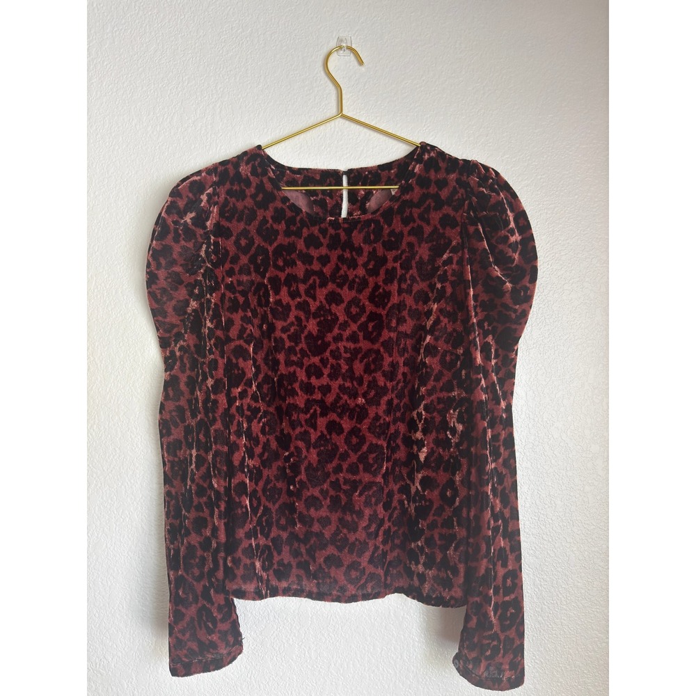 Dolan Left Coast Collection Velvet Leopard Print Puff Shoulder Blouse Brown M